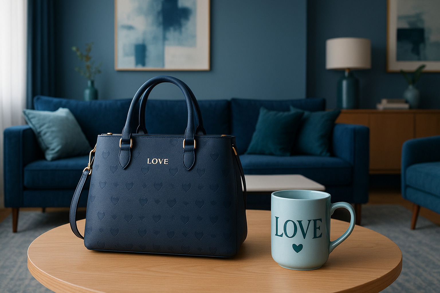living room theme blue colors bag and mug with love looks modern